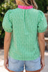 Gingham Plaid Bubble Sleeve Tailored Trim V Neck Blouse