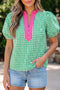 Gingham Plaid Bubble Sleeve Tailored Trim V Neck Blouse