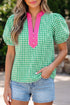 Gingham Plaid Bubble Sleeve Tailored Trim V Neck Blouse