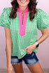 Gingham Plaid Bubble Sleeve Tailored Trim V Neck Blouse