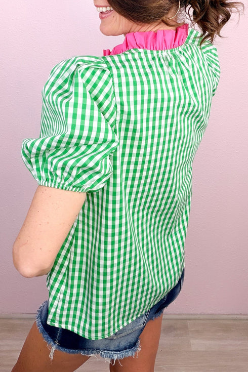 Gingham Plaid Bubble Sleeve Tailored Trim V Neck Blouse