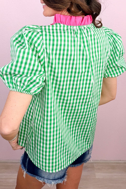 Gingham Plaid Bubble Sleeve Tailored Trim V Neck Blouse