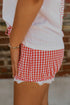 Gingham Plaid Elastic Waist Lace Patchwork Hem Casual Shorts