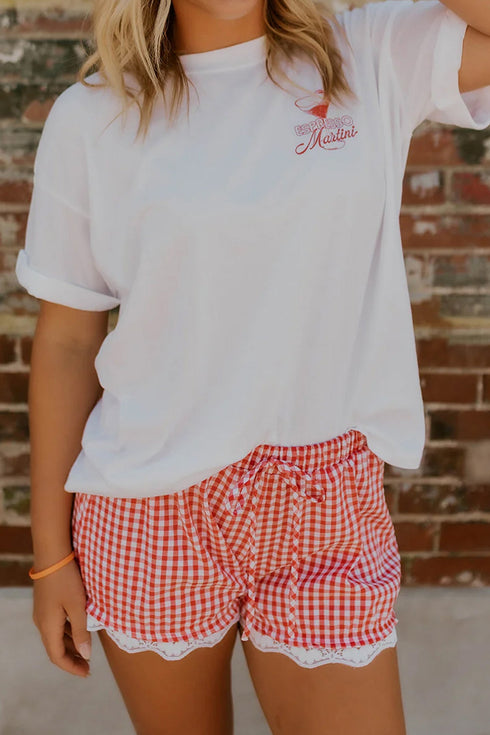 Gingham Plaid Elastic Waist Lace Patchwork Hem Casual Shorts