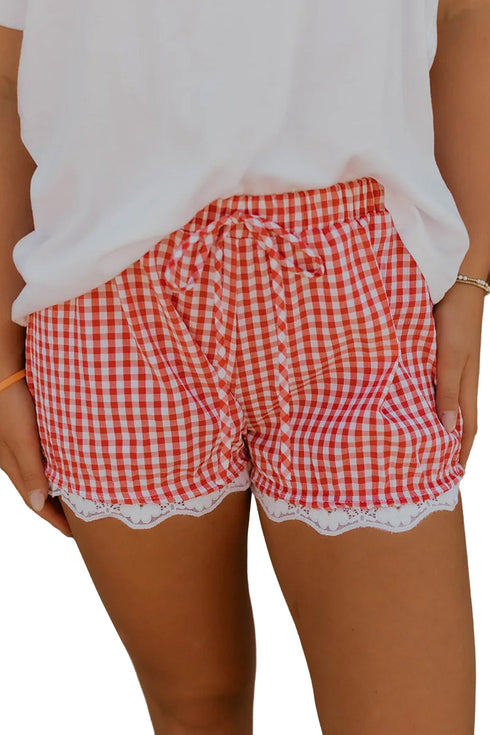 Gingham Plaid Elastic Waist Lace Patchwork Hem Casual Shorts