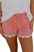 Gingham Plaid Elastic Waist Lace Patchwork Hem Casual Shorts