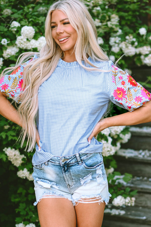 Gingham Plaid Floral Embroidered Puff Sleeve Cotton Blouse