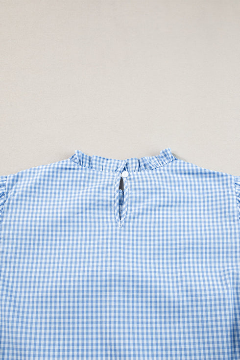 Gingham Plaid Floral Embroidered Puff Sleeve Cotton Blouse