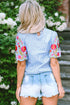 Gingham Plaid Floral Embroidered Puff Sleeve Cotton Blouse