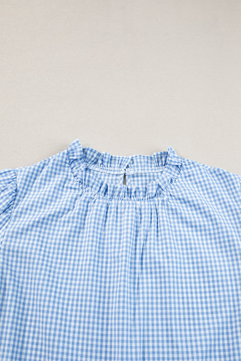 Gingham Plaid Floral Embroidered Puff Sleeve Cotton Blouse