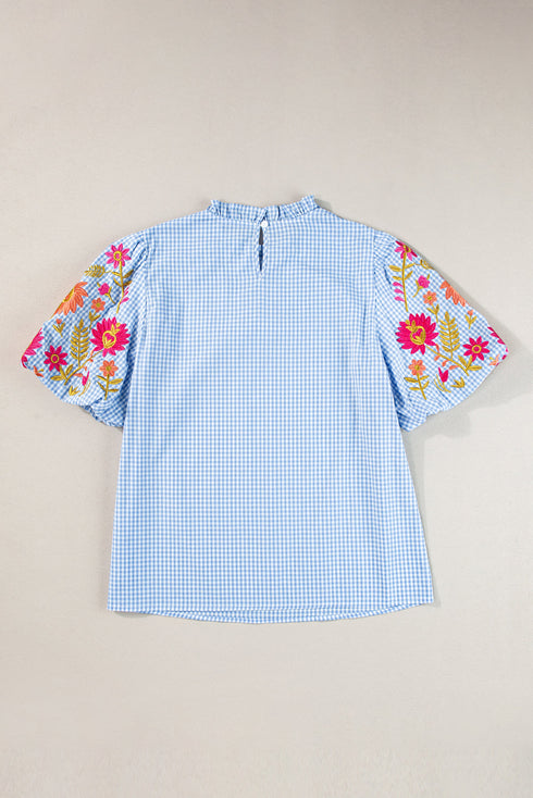 Gingham Plaid Floral Embroidered Puff Sleeve Cotton Blouse