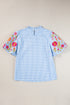 Gingham Plaid Floral Embroidered Puff Sleeve Cotton Blouse