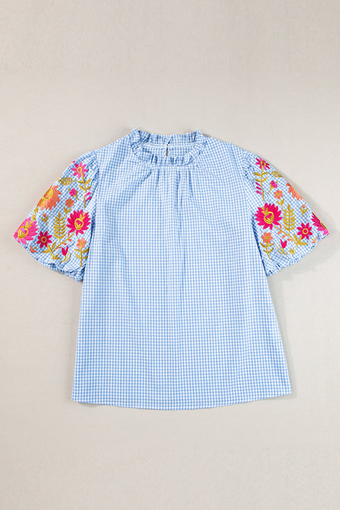 Gingham Plaid Floral Embroidered Puff Sleeve Cotton Blouse