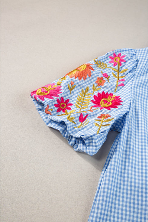 Gingham Plaid Floral Embroidered Puff Sleeve Cotton Blouse