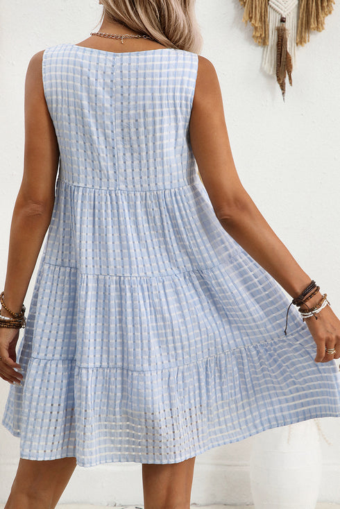 Gingham Plaid Print Sleeveless Tiered A Line Casual Mini Sundress