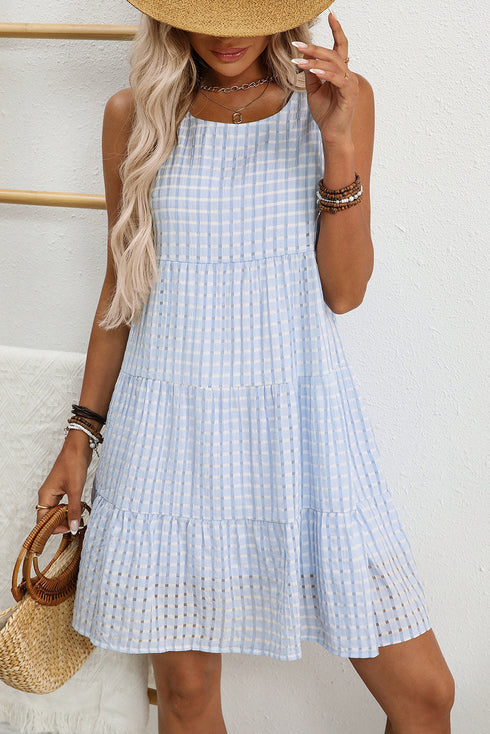 Gingham Plaid Print Sleeveless Tiered A Line Casual Mini Sundress