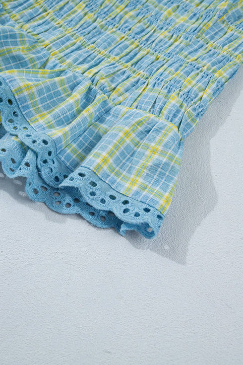 Gingham Plaid Smocked Lace Trim Ruffle Tank Top