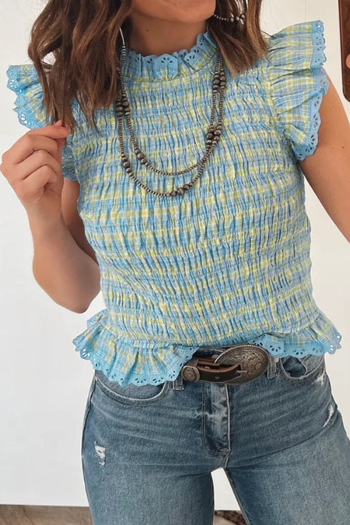 Gingham Plaid Smocked Lace Trim Ruffle Tank Top