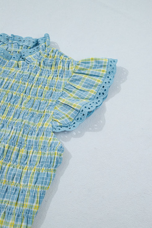 Gingham Plaid Smocked Lace Trim Ruffle Tank Top