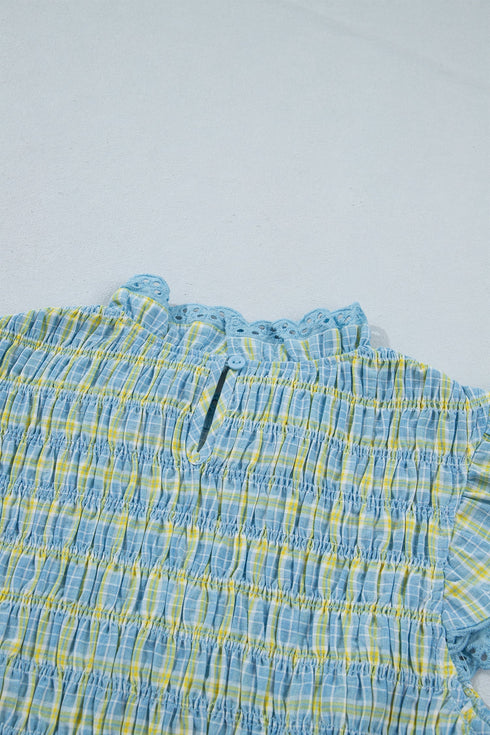 Gingham Plaid Smocked Lace Trim Ruffle Tank Top