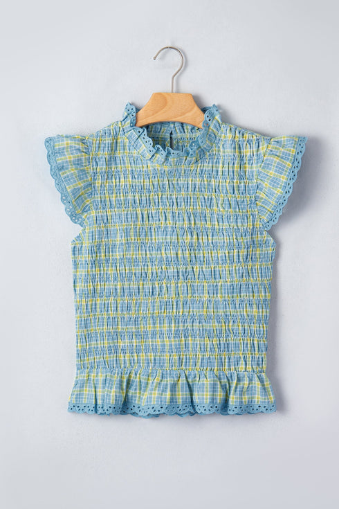 Gingham Plaid Smocked Lace Trim Ruffle Tank Top