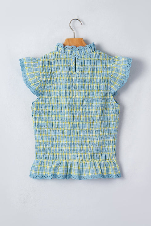 Gingham Plaid Smocked Lace Trim Ruffle Tank Top