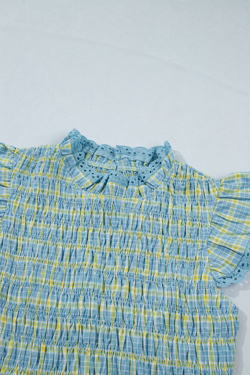 Gingham Plaid Smocked Lace Trim Ruffle Tank Top