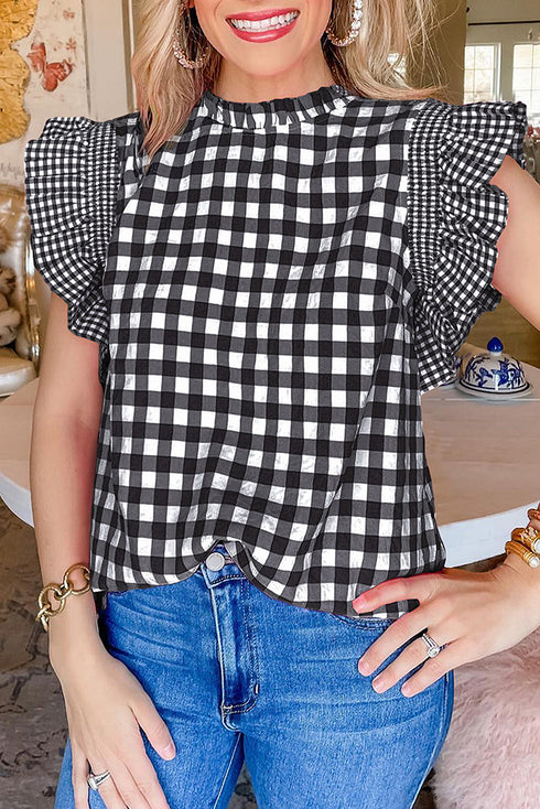 Gingham Ruffle Trim Smocked Flutter Sleeve Top