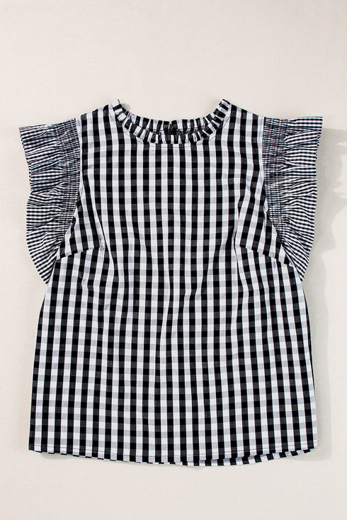 Gingham Ruffle Trim Smocked Flutter Sleeve Top