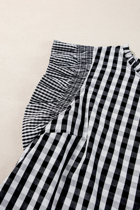 Gingham Ruffle Trim Smocked Flutter Sleeve Top