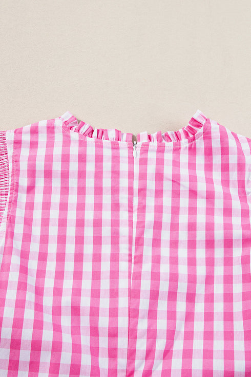 Gingham Ruffle Trim Smocked Flutter Sleeve Top
