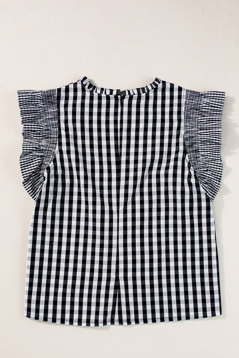 Gingham Ruffle Trim Smocked Flutter Sleeve Top