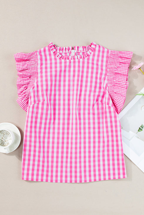 Gingham Ruffle Trim Smocked Flutter Sleeve Top