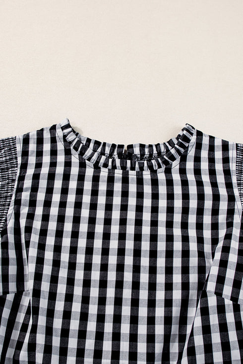 Gingham Ruffle Trim Smocked Flutter Sleeve Top