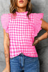 Gingham Ruffle Trim Smocked Flutter Sleeve Top