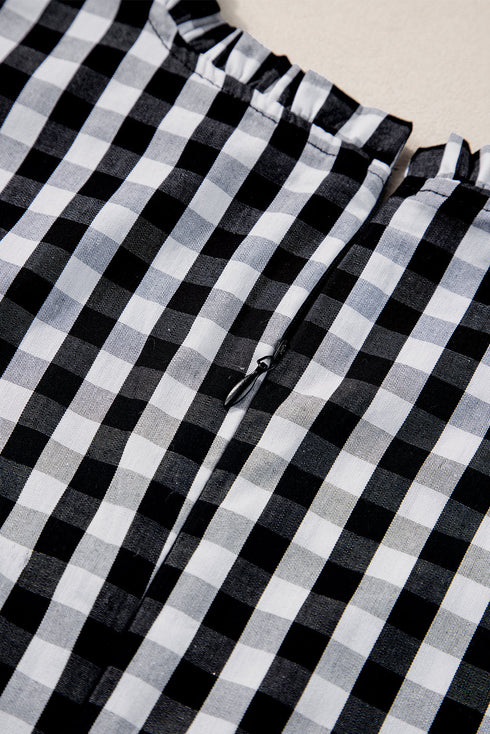 Gingham Ruffle Trim Smocked Flutter Sleeve Top