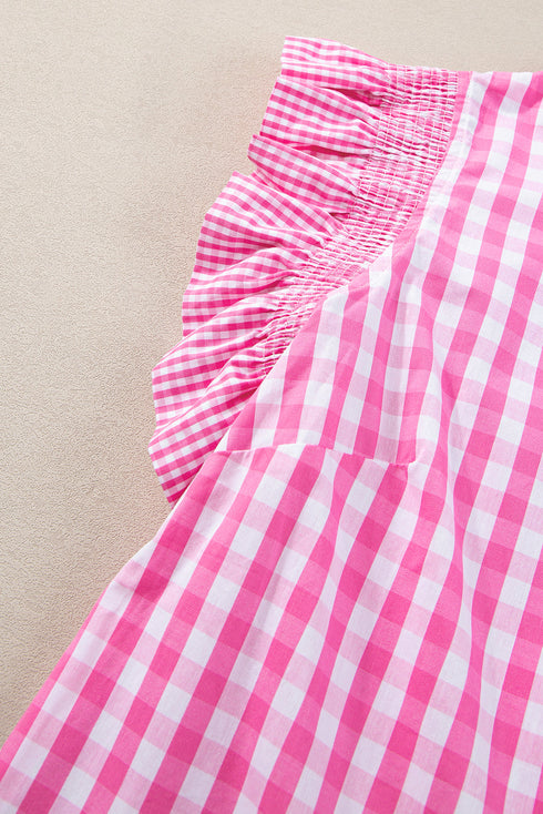 Gingham Ruffle Trim Smocked Flutter Sleeve Top