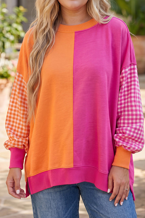 Gingham Sleeve Patchwork Detail Retro Inspired Layering Sweatshirt