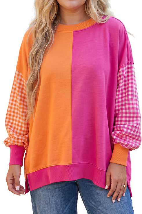 Gingham Sleeve Patchwork Detail Retro Inspired Layering Sweatshirt