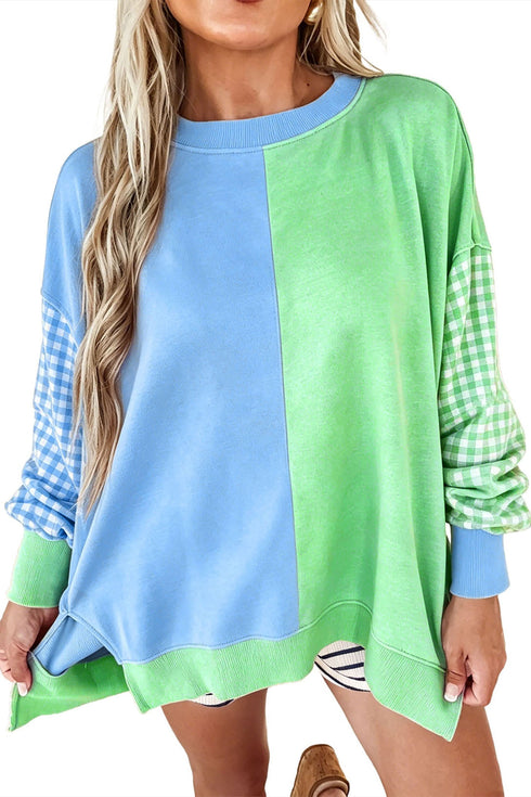Gingham Sleeve Seam Detail Crew Neck Sweatshirt