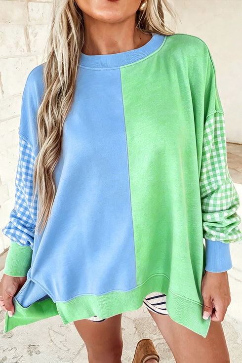 Gingham Sleeve Seam Detail Crew Neck Sweatshirt