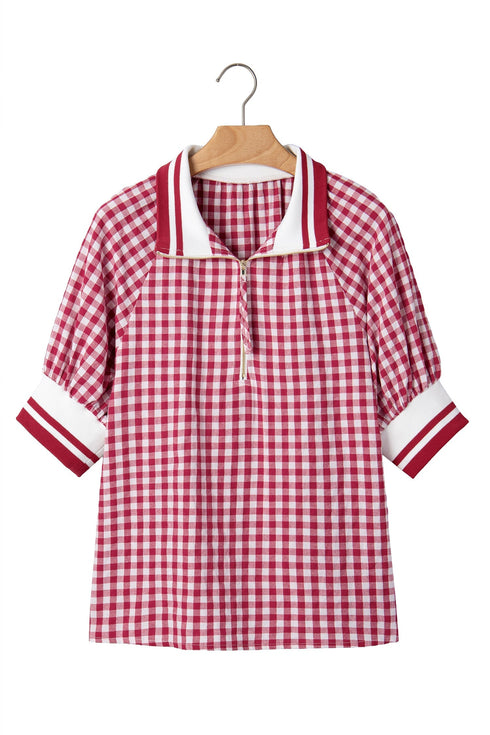 Gingham Striped Patchwork Half Zip Plaid Blouse