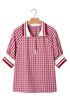 Gingham Striped Patchwork Half Zip Plaid Blouse