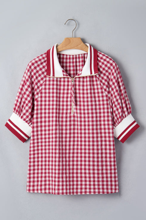 Gingham Striped Patchwork Half Zip Plaid Blouse
