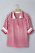 Gingham Striped Patchwork Half Zip Plaid Blouse