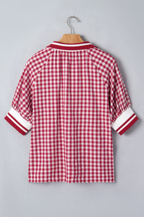 Gingham Striped Patchwork Half Zip Plaid Blouse