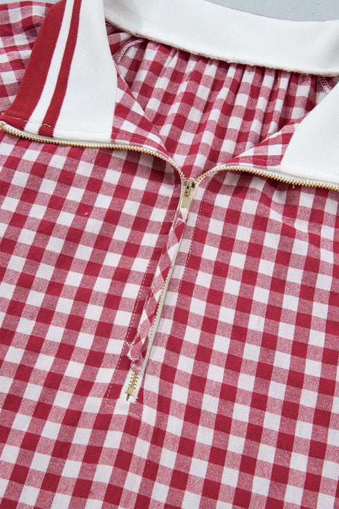 Gingham Striped Patchwork Half Zip Plaid Blouse