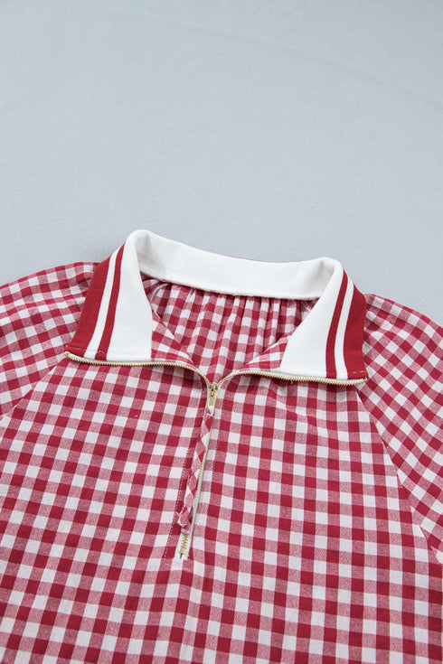 Gingham Striped Patchwork Half Zip Plaid Blouse