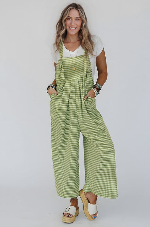 Gingham Wide Leg Loose Pocket Overall Jumpsuit