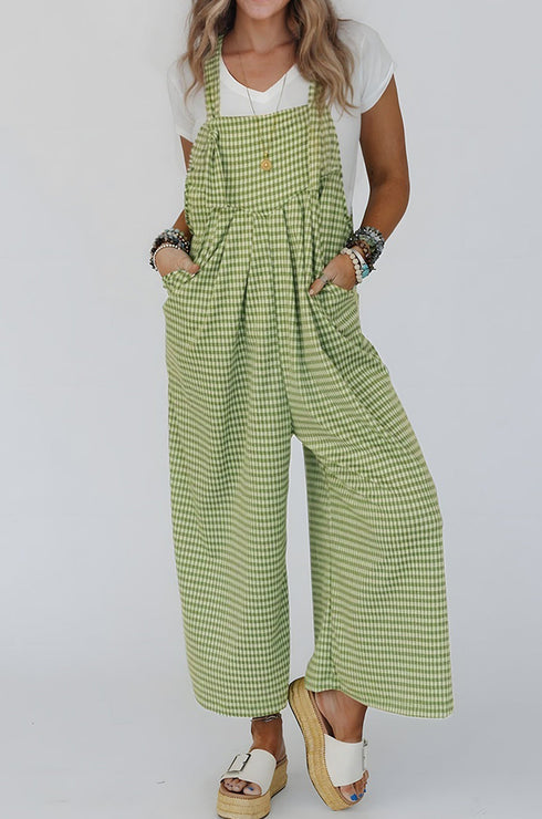 Gingham Wide Leg Loose Pocket Overall Jumpsuit